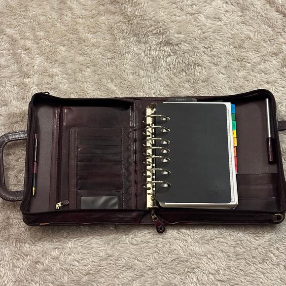 Franklin Covey Vintage Burgundy Full Grain Leather Zip Planner Binder Handle - Picture 3 of 11